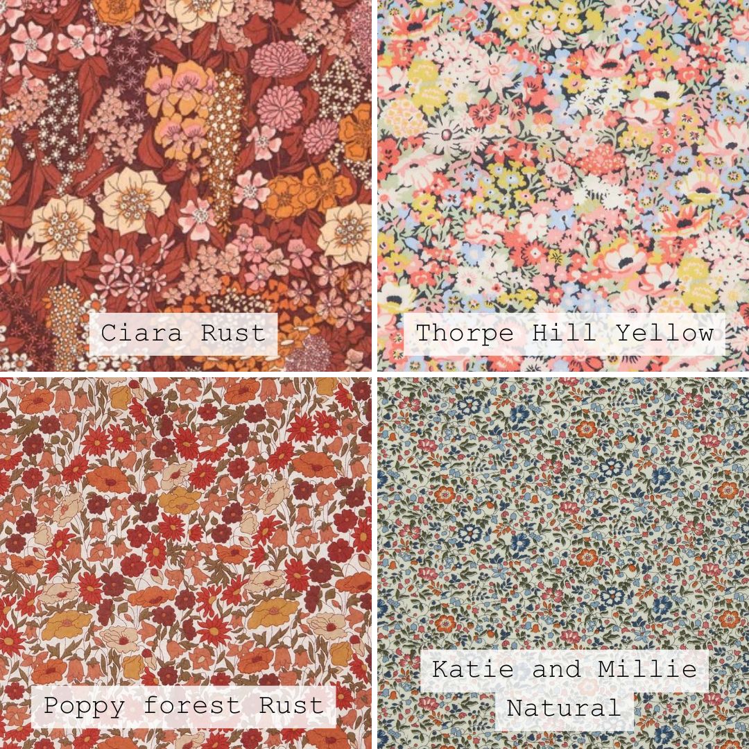 Four floral fabric patterns labeled 'March Sparkle', 'Strawberry Thief Grey', 'Sambourne Blue', and 'Joyous Juniper'.