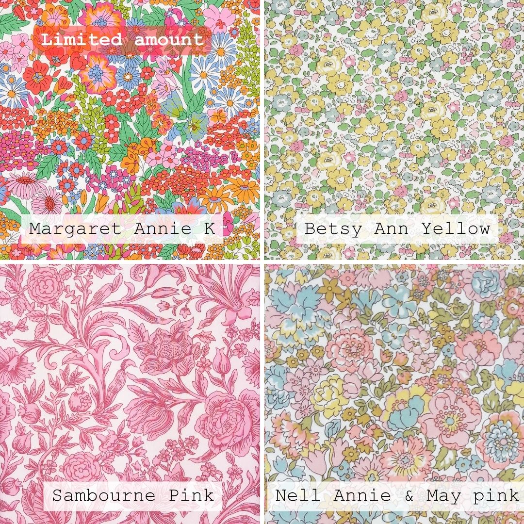 Four floral fabric patterns labeled 'March Sparkle', 'Strawberry Thief Grey', 'Sambourne Blue', and 'Joyous Juniper'.