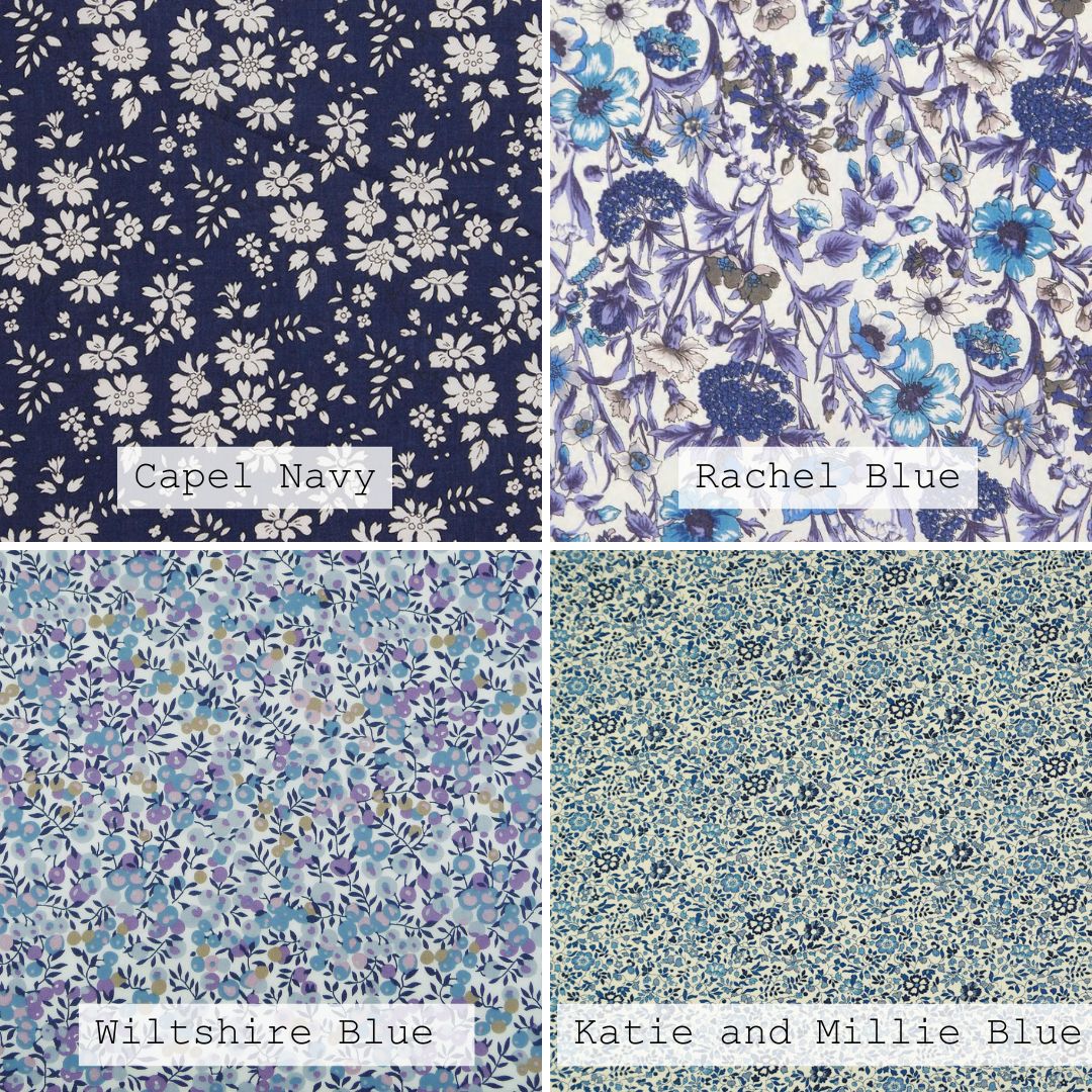 Four floral fabric patterns labeled 'March Sparkle', 'Strawberry Thief Grey', 'Sambourne Blue', and 'Joyous Juniper'.