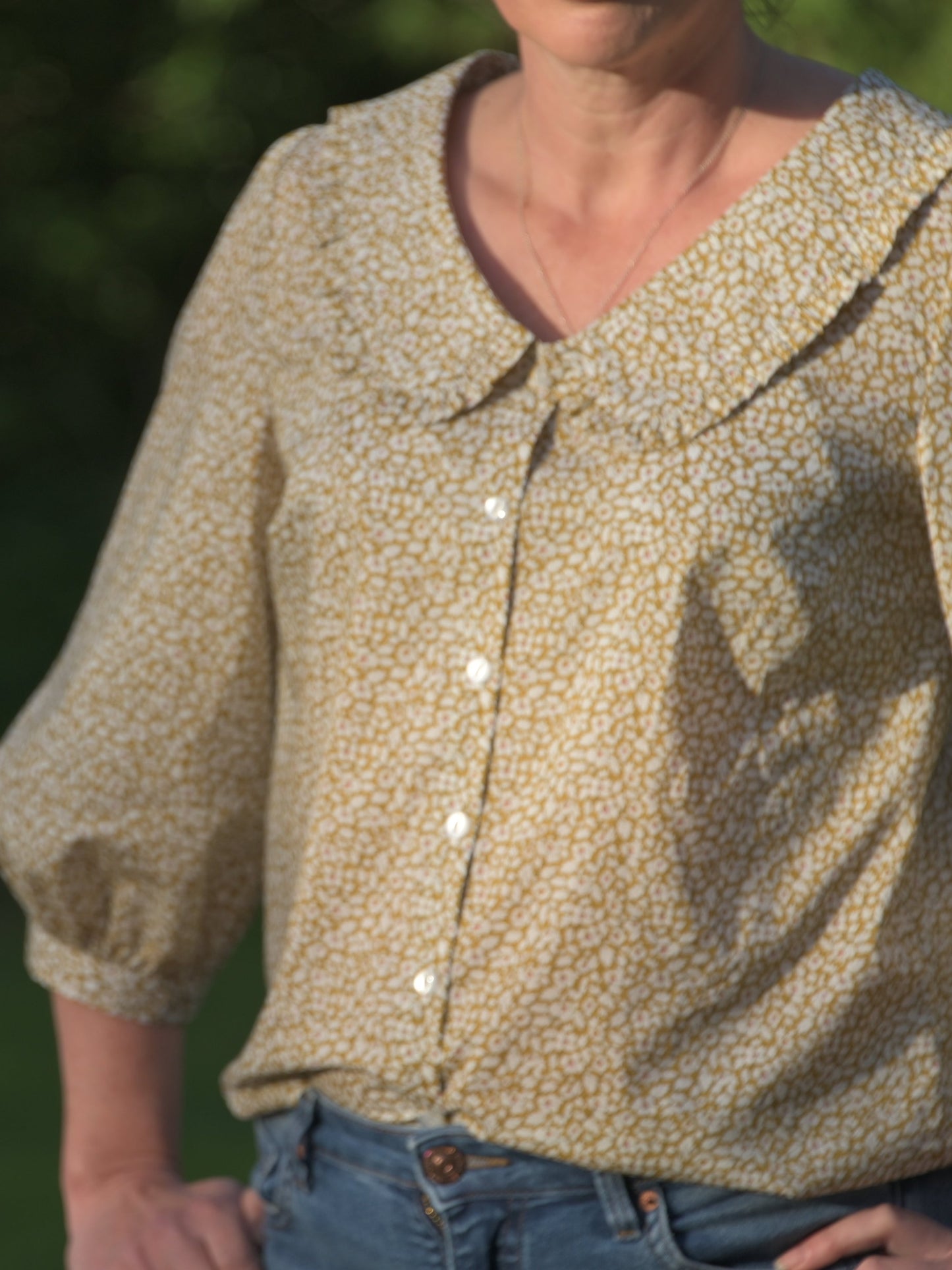 Pretty Ditsy floral shirt - open neck blouse - Liberty of London print 3/4 sleeve Peter Pan Ruffle Collar button through - Cornflower