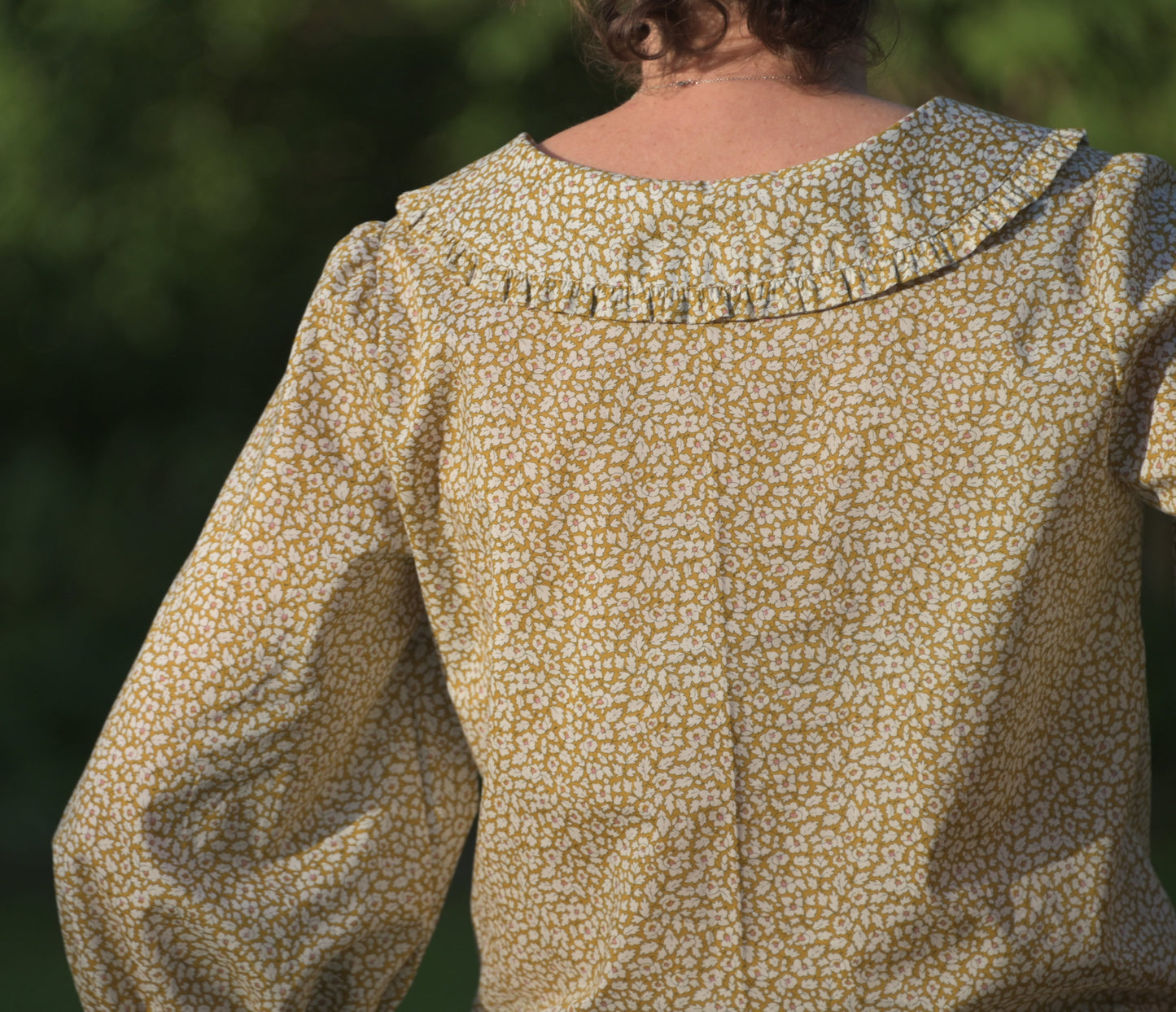 Pretty Ditsy floral shirt - open neck blouse - Liberty of London print 3/4 sleeve Peter Pan Ruffle Collar button through - Cornflower