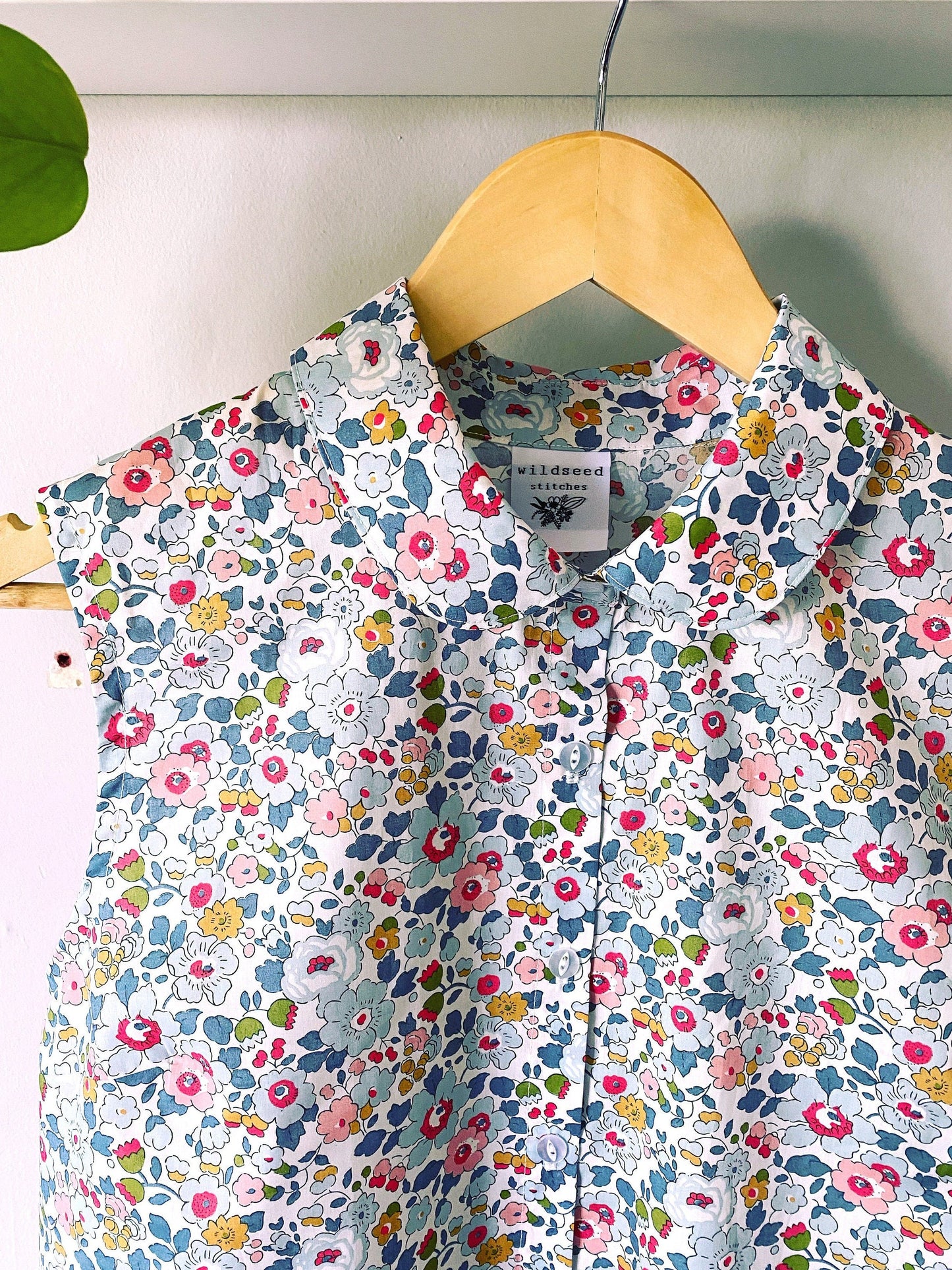 Dewberry Sleeveless Blouse - Liberty of London print sleeveless with Peter Pan Collar button through front vintage ditsy print shirt