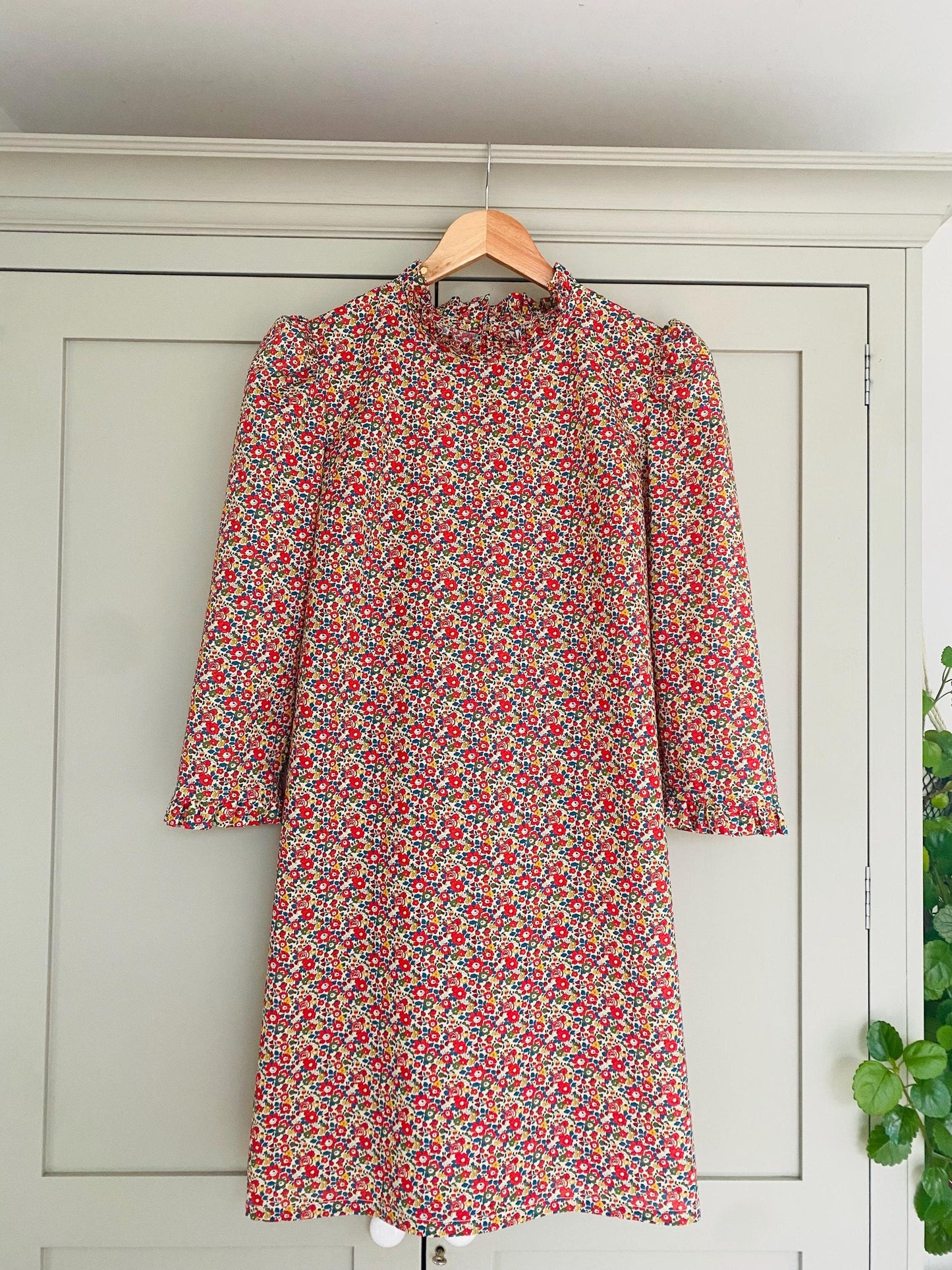 Floral mini Dress in Liberty of London print with 3/4 frill cuff puff sleeves A line ditsy dress