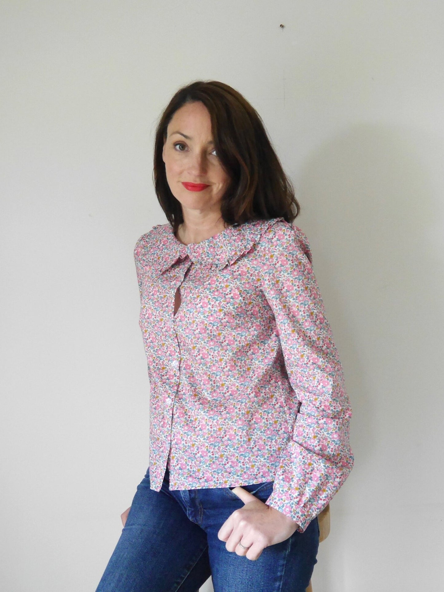 Ivy Blouse - Liberty of London print Long sleeve with wide Peter Pan Ruffle Collar button through front floral print