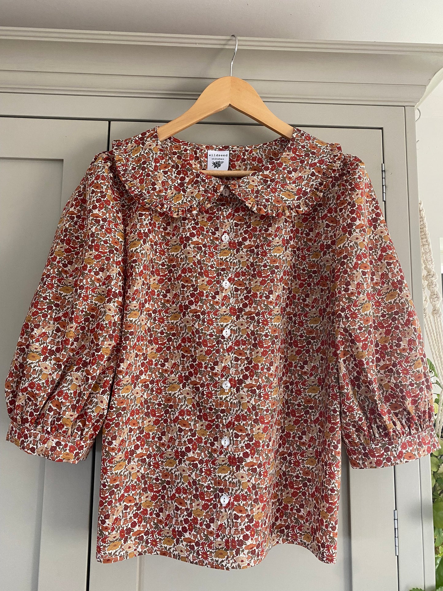 Teasel Blouse - Peter Pan Ruffle Collar button through Teasel Blouse - Liberty of London print 3/4 sleeve shirt with wide collar