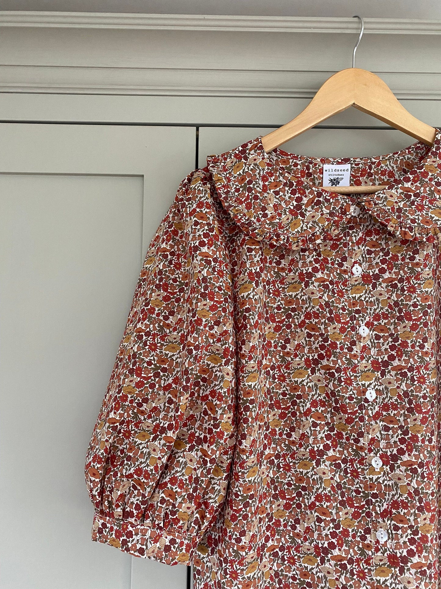 Teasel Blouse - Peter Pan Ruffle Collar button through Teasel Blouse - Liberty of London print 3/4 sleeve shirt with wide collar
