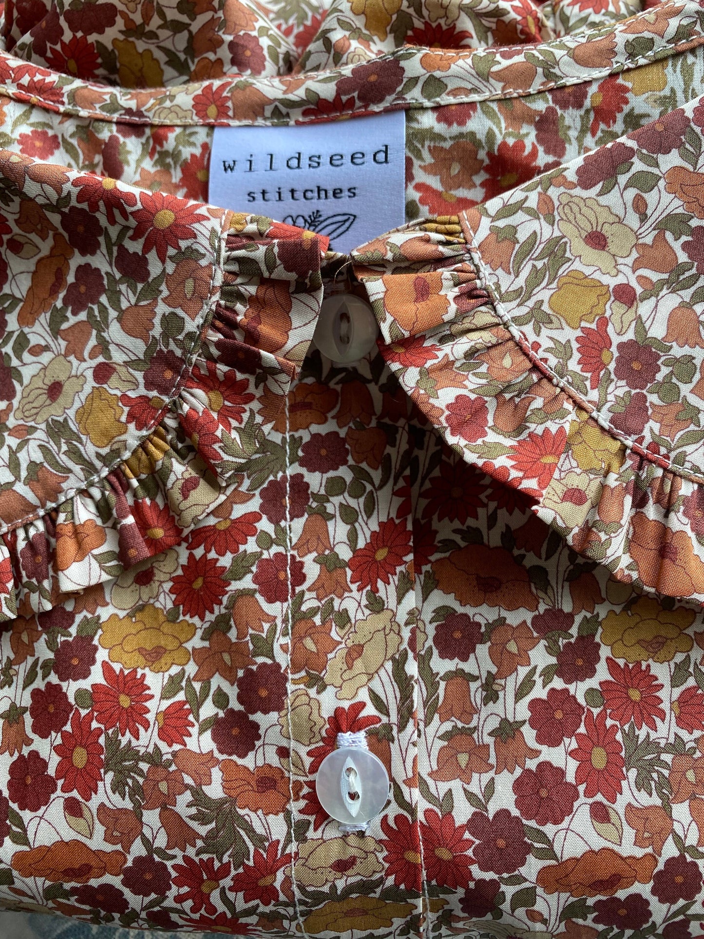 Teasel Blouse - Peter Pan Ruffle Collar button through Teasel Blouse - Liberty of London print 3/4 sleeve shirt with wide collar