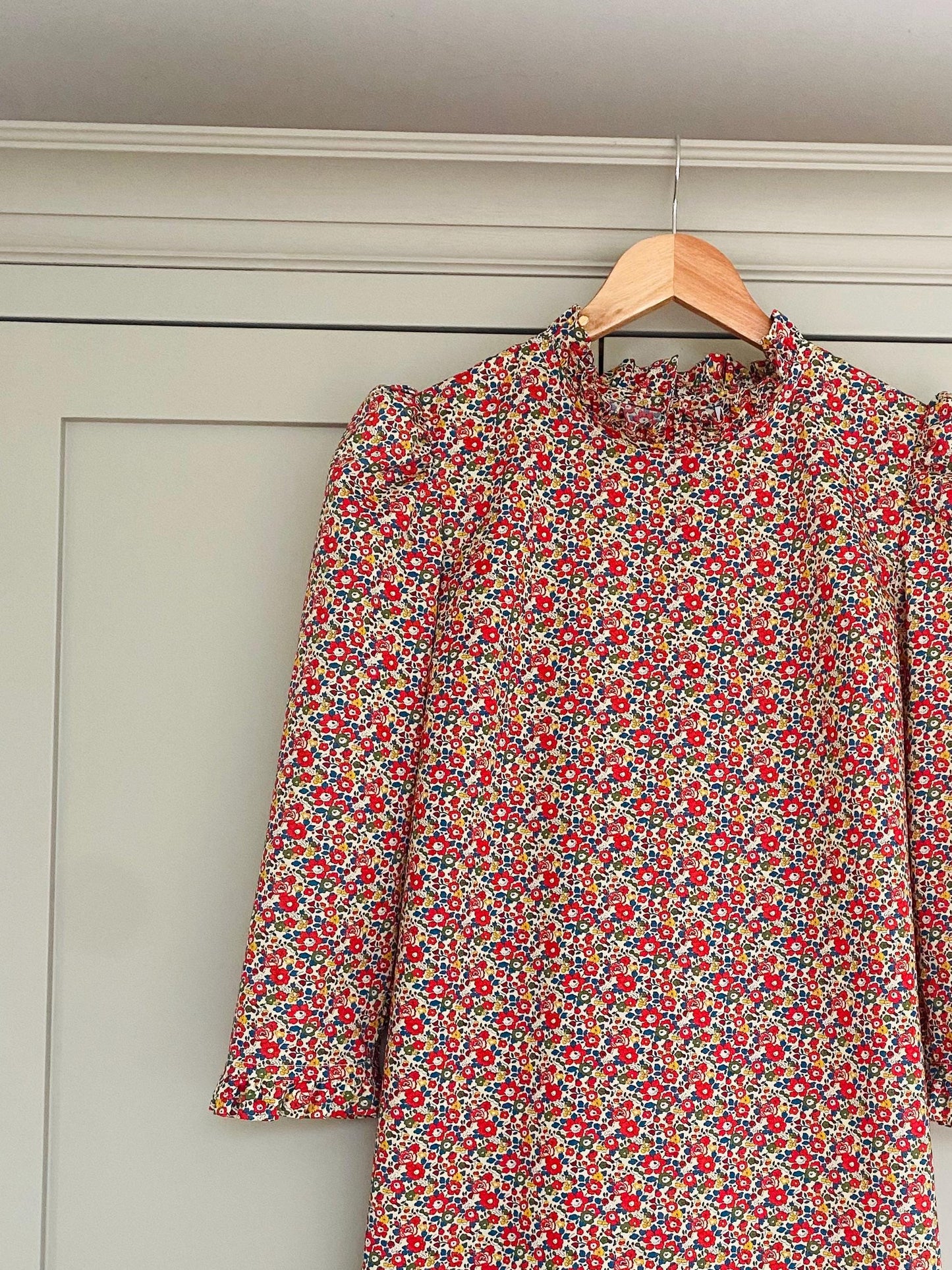 Floral mini Dress in Liberty of London print with 3/4 frill cuff puff sleeves A line ditsy dress
