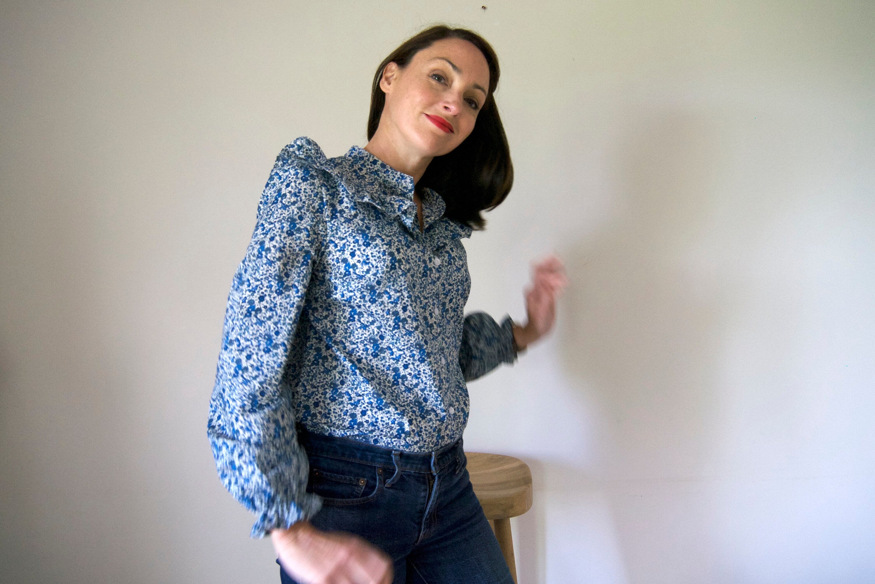 Bilberry Blouse - Liberty of London print Long sleeve with Ruffle yoke button through front