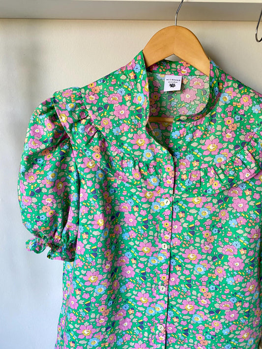 Bilberry Short Sleeve Blouse - Liberty of London print puff sleeve with Collar button through Frill Yoke front vintage ditsy print shirt