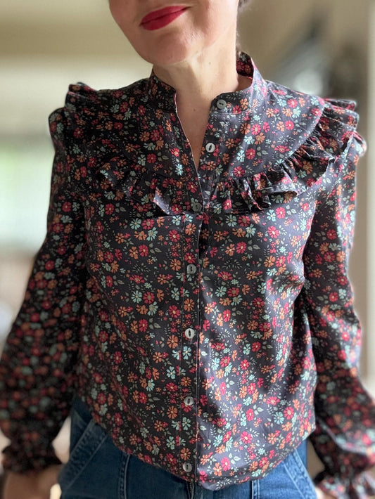 Ruffle Yoke blouse - Liberty of London print Long sleeve with frill button through front
