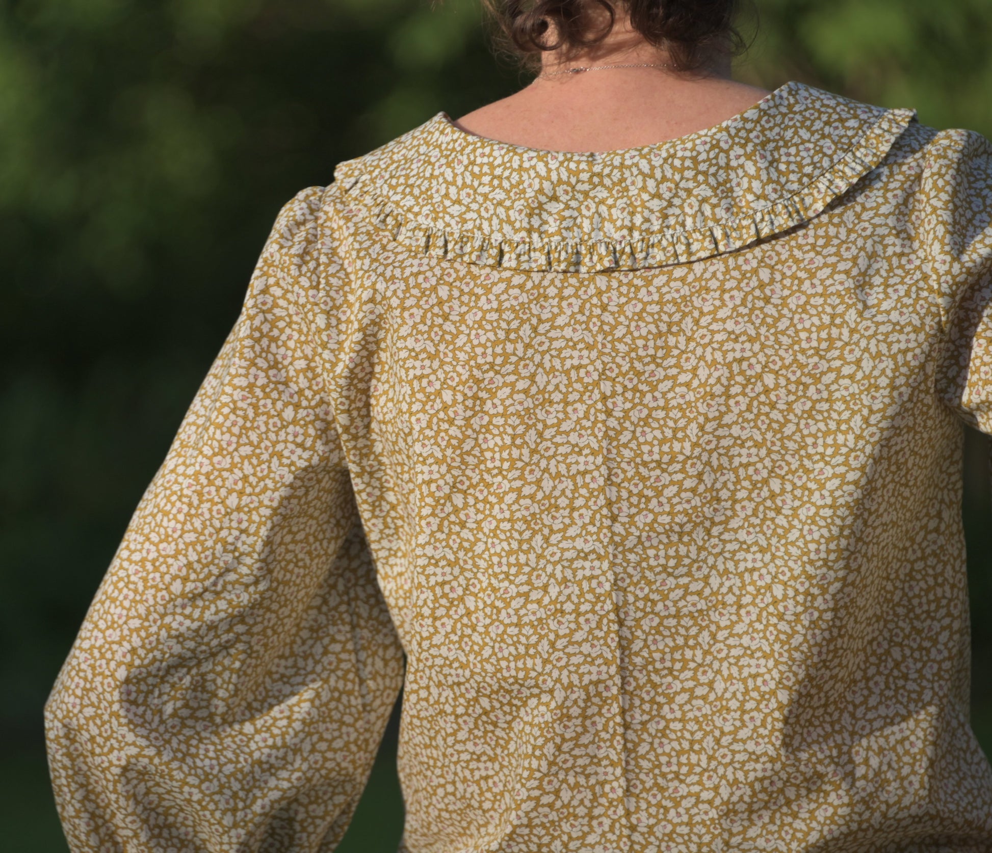 Pretty Ditsy floral shirt - open neck blouse - Liberty of London print 3/4 sleeve Peter Pan Ruffle Collar button through - Cornflower