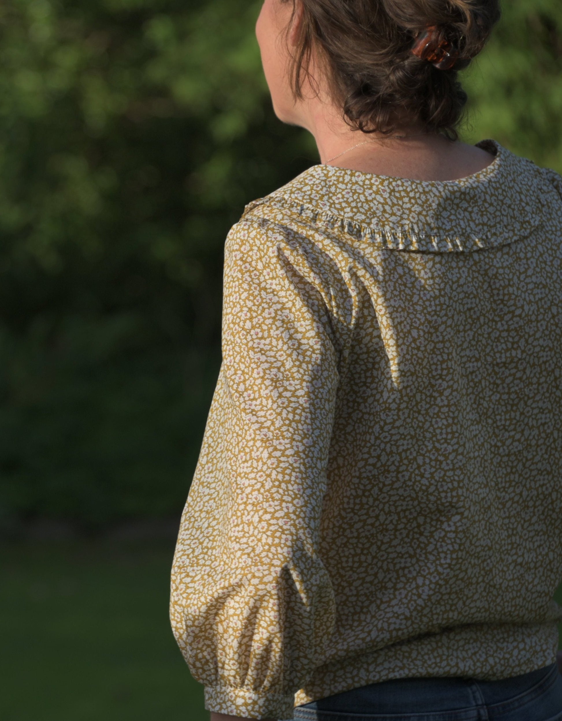 Pretty Ditsy floral shirt - open neck blouse - Liberty of London print 3/4 sleeve Peter Pan Ruffle Collar button through - Cornflower