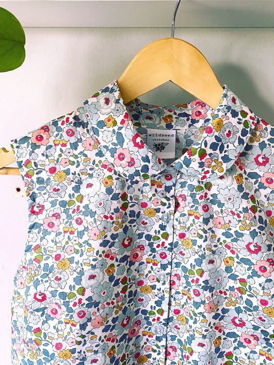 Dewberry Sleeveless Blouse - Liberty of London print sleeveless with Peter Pan Collar button through front vintage ditsy print shirt