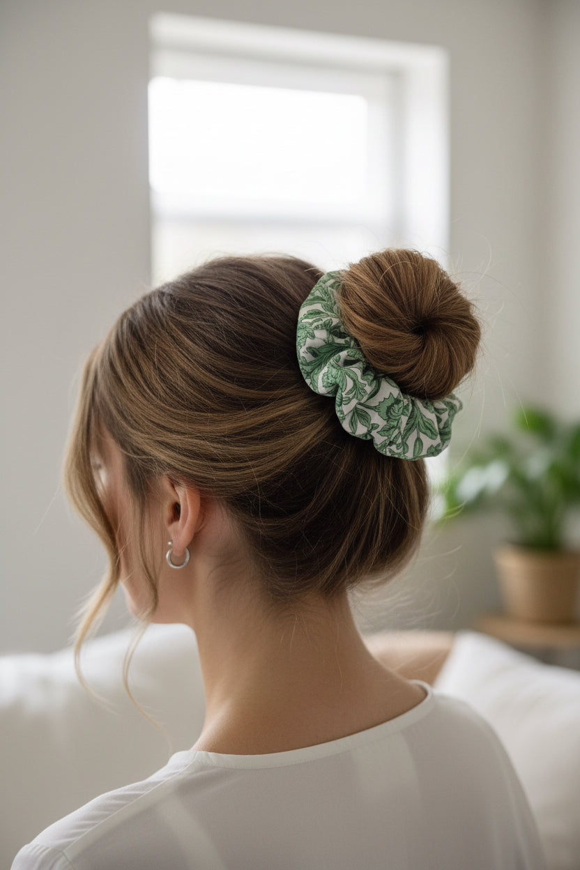 A fabric scrunchie with a green botanical leaf pattern on a white background, photographed flat against a light off-white surface.