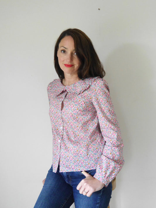 Ivy Blouse - Liberty of London print Long sleeve with wide Peter Pan Ruffle Collar button through front floral print