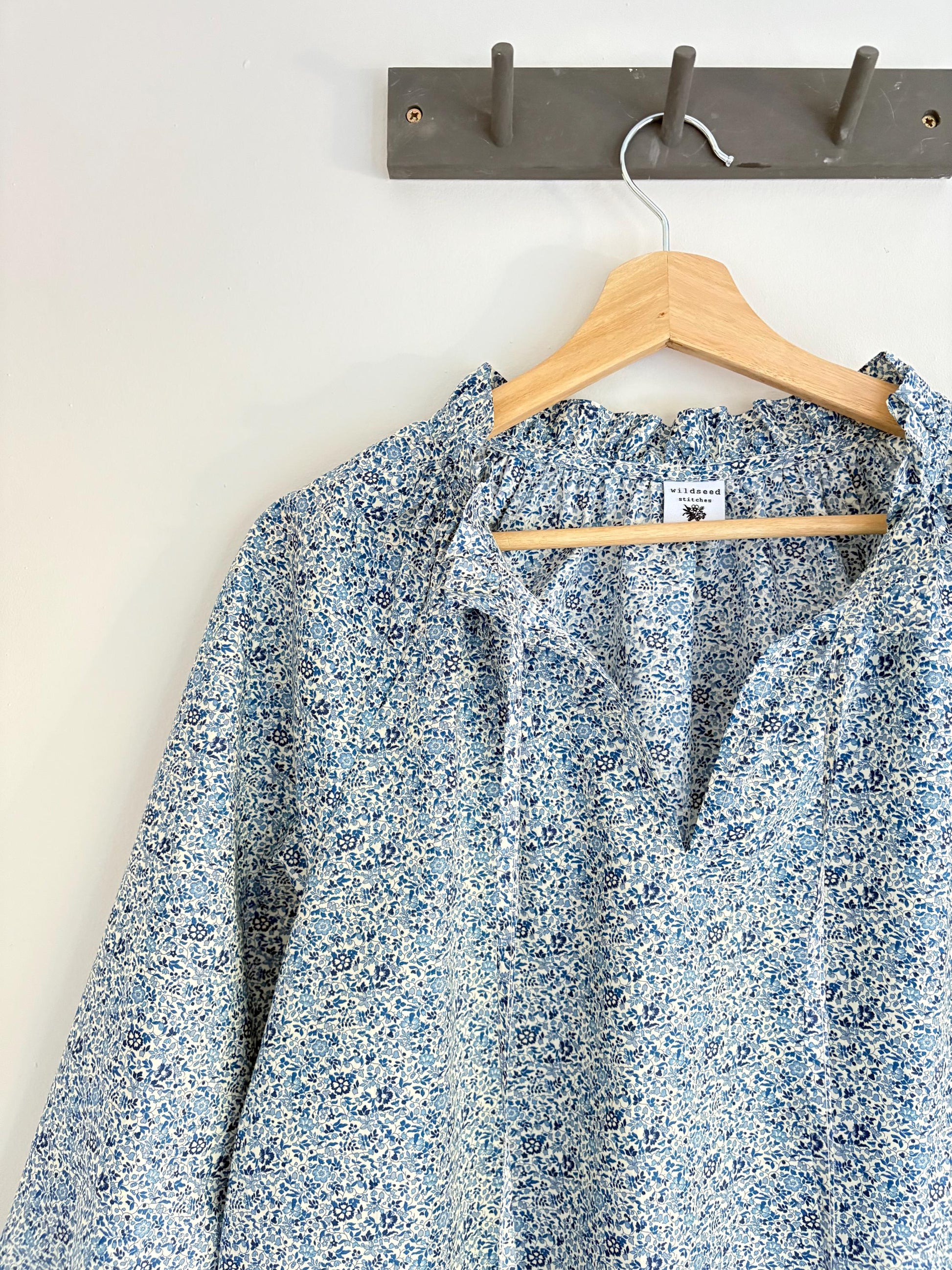 liberty print floral ruffle neck blouse 3/4 sleeves