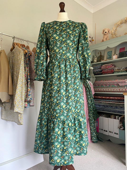 Ditsy print midi Dress -Liberty of London print long Dress - Floral outfit green yellow tiered midi