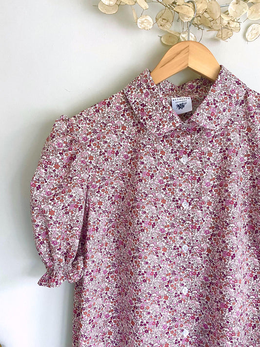 Liberty of London print short sleeve with Peter Pan Collar button through ditsy floral print shirt short puff sleeve Blouse