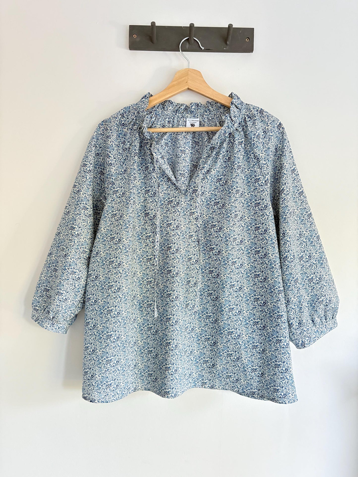 liberty print floral ruffle neck blouse 3/4 sleeves