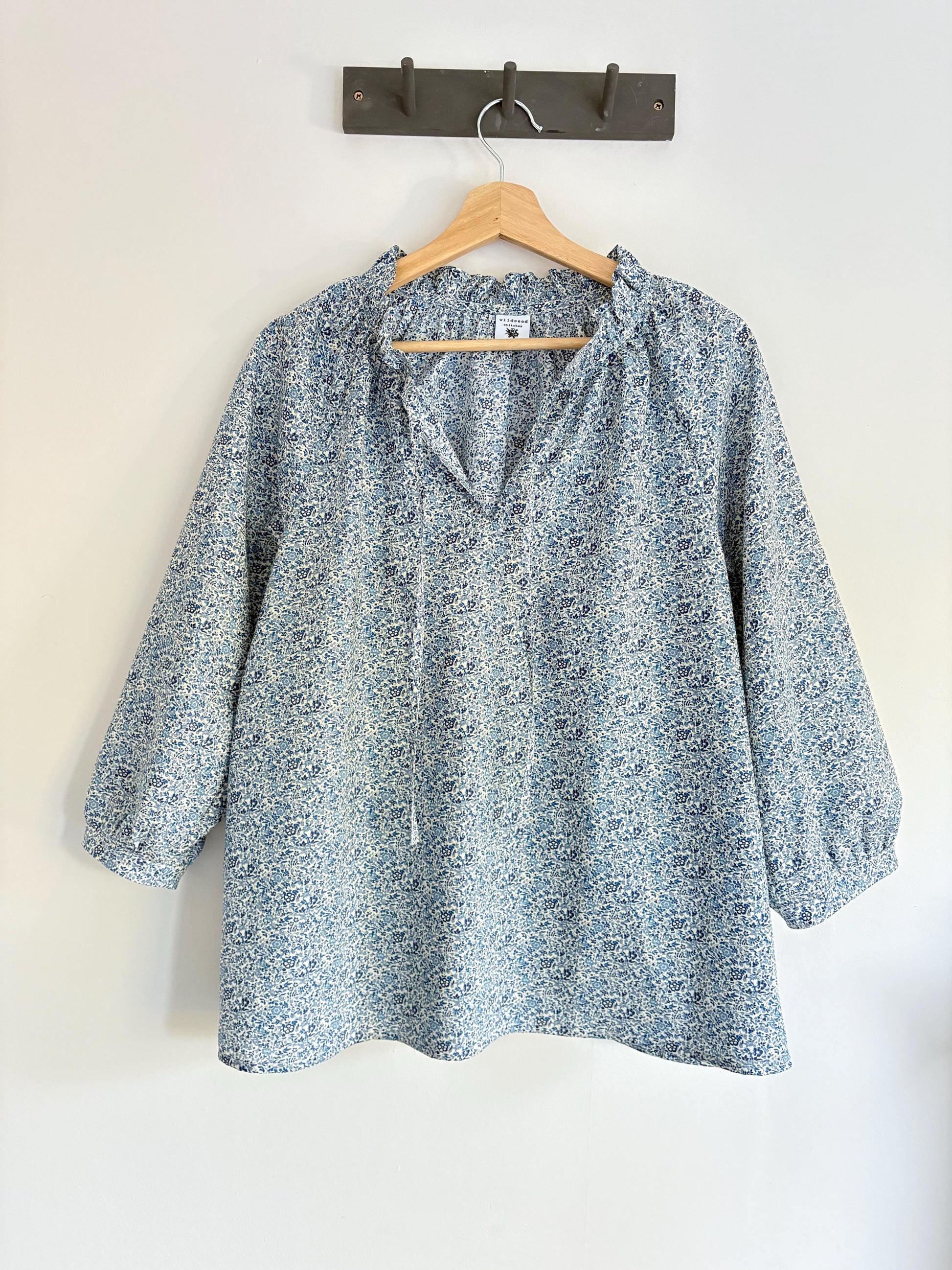 liberty print floral ruffle neck blouse 3/4 sleeves