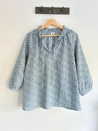 liberty print floral ruffle neck blouse 3/4 sleeves