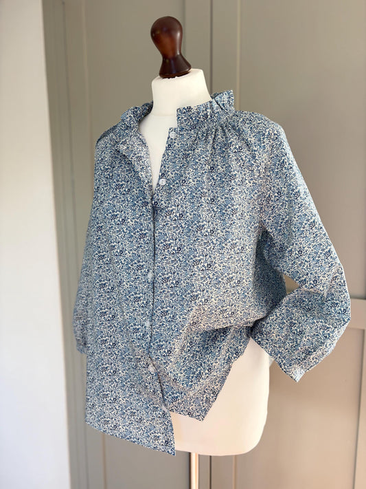 Button through - Liberty of London print Ruffle Collar with 3/4 sleeves - Primrose blouse
Katie and Millie Blue