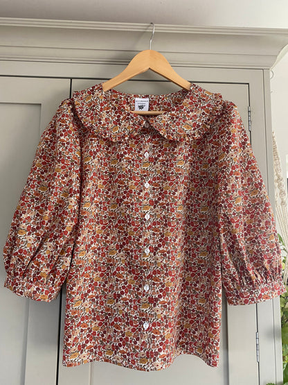 Teasel Blouse - Peter Pan Ruffle Collar button through Teasel Blouse - Liberty of London print 3/4 sleeve shirt with wide collar