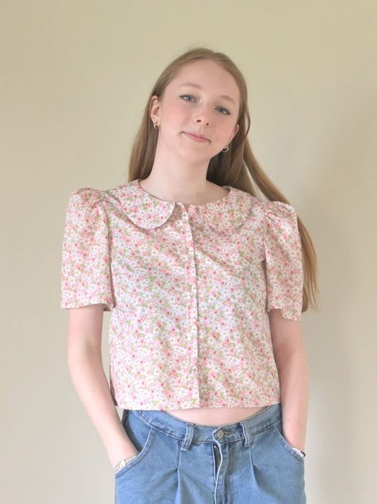 Wild Strawberry Blouse - Liberty of London print cropped short sleeve with Peter Pan Collar button through front