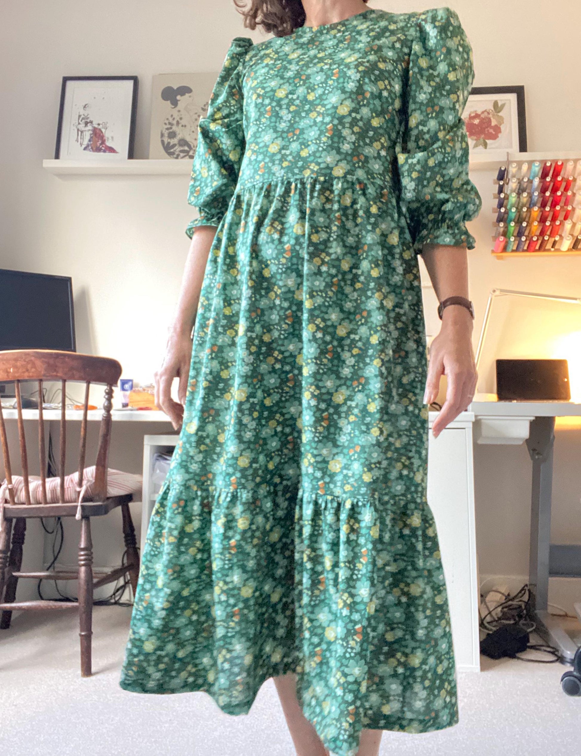 Ditsy print midi Dress -Liberty of London print long Dress - Floral outfit green yellow tiered midi