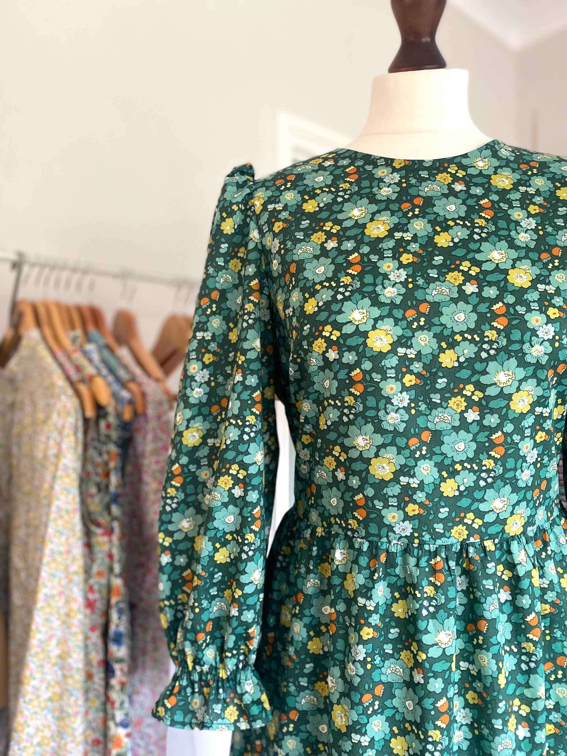 Ditsy print midi Dress -Liberty of London print long Dress - Floral outfit green yellow tiered midi